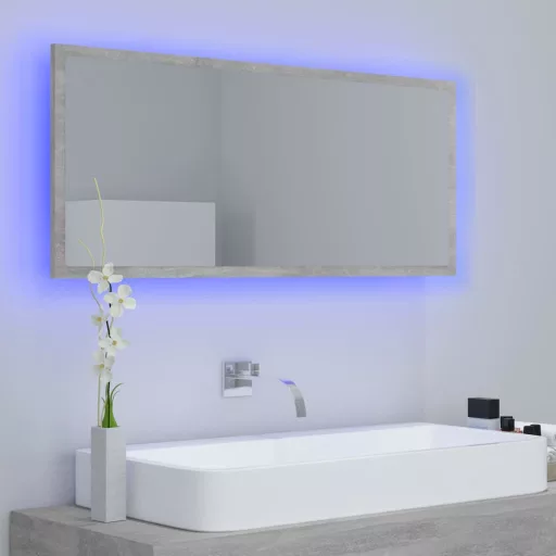 Betonszürke akril LED-es fürdőszobatükör 100x8,5x37 cm