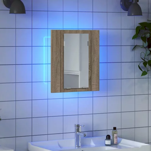Tölgyszínű akril LED-es tükrös fürdőszobaszekrény 40x12x45 cm