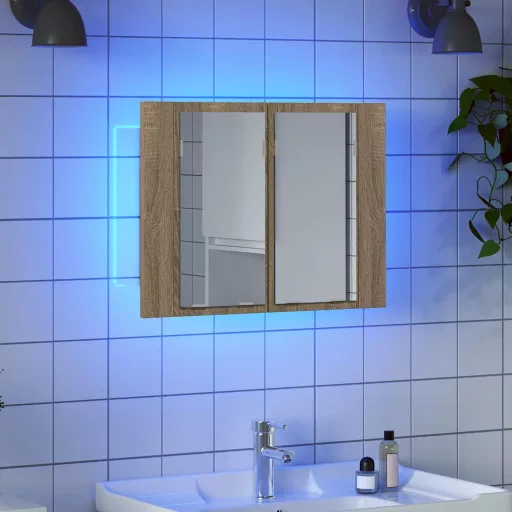 Tölgyszínű akril LED-es tükrös fürdőszobaszekrény 60x12x45 cm