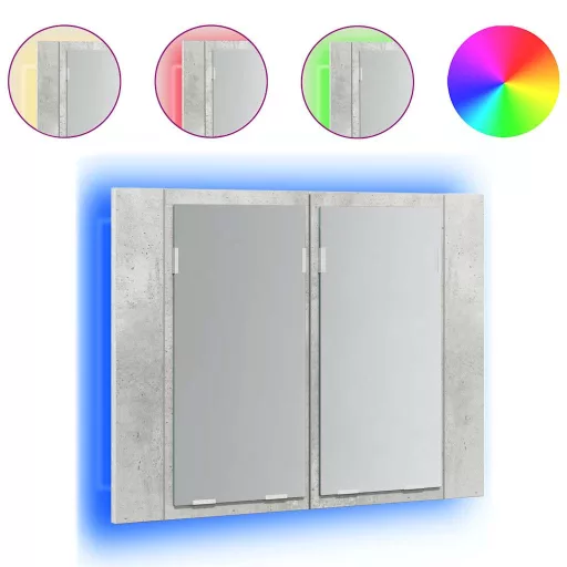 Betonszürke akril LED-es tükrös fürdőszobaszekrény 60x12x45 cm