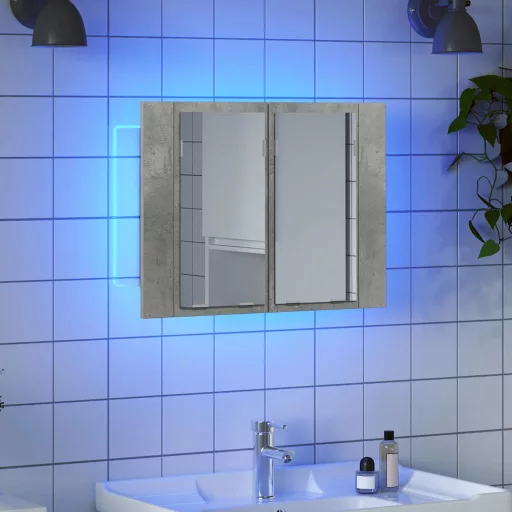 Betonszürke akril LED-es tükrös fürdőszobaszekrény 60x12x45 cm