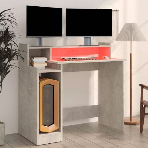Betonszürke szerelt fa íróasztal LED-ekkel 97 x 45 x 90 cm