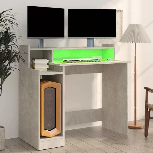 Betonszürke szerelt fa íróasztal LED-ekkel 97 x 45 x 90 cm