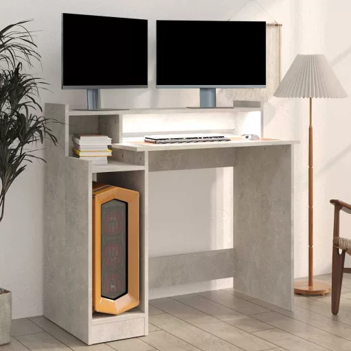 Betonszürke szerelt fa íróasztal LED-ekkel 97 x 45 x 90 cm