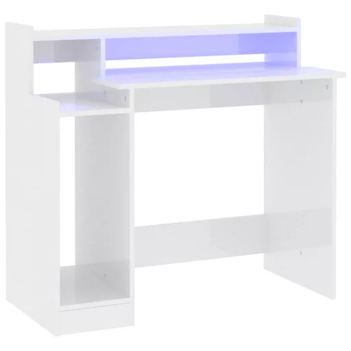 Magasfényű fehér szerelt fa íróasztal LED-ekkel 97 x 45 x 90 cm
