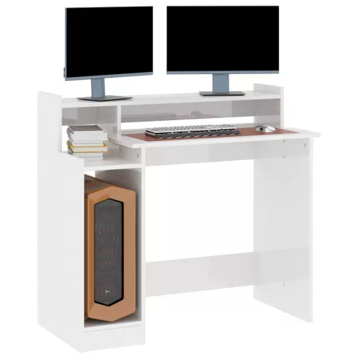 Magasfényű fehér szerelt fa íróasztal LED-ekkel 97 x 45 x 90 cm