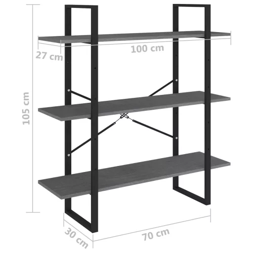 Háromszintes szürke tömör fenyőfa könyvszekrény 100x30x105 cm