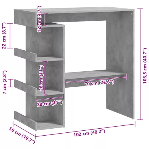 Betonszürke szerelt fa bárasztal tárolópolccal 100x50x101,5 cm