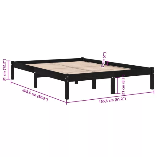 King Size fekete tömör fa ágykeret 150 x 200 cm