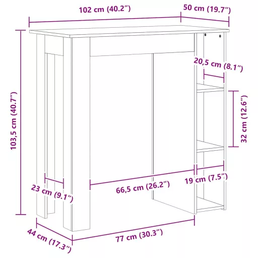 Szürke sonoma szerelt fa bárasztal polccal 102 x 50 x 103,5 cm