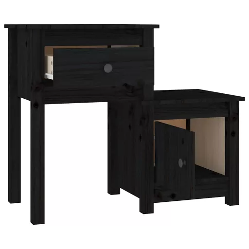 2 darab fekete tömör fenyőfa éjjeliszekrény 79,5 x 38 x 65,5 cm