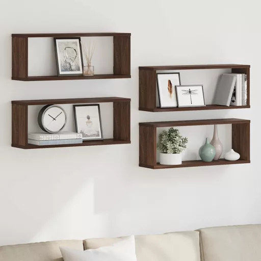 4 db barna tölgy színű szerelt fa fali kockapolc 60x15x23 cm