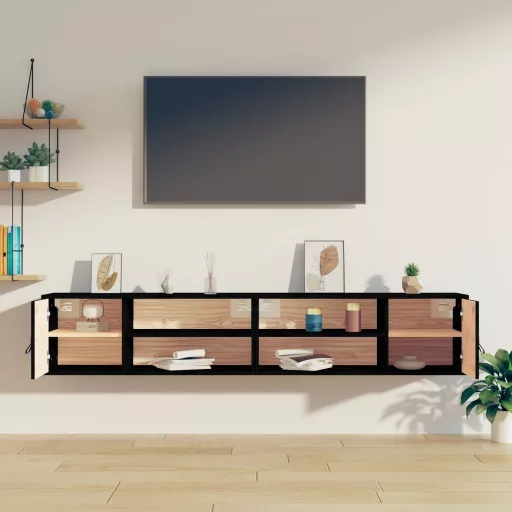 2 db fekete tömör fenyőfa faliszekrény 80 x 30 x 30 cm