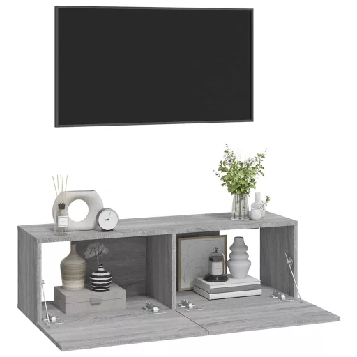 2 db szürke -tölgyszín szerelt fa fali TV-szekrény 100x30x30 cm