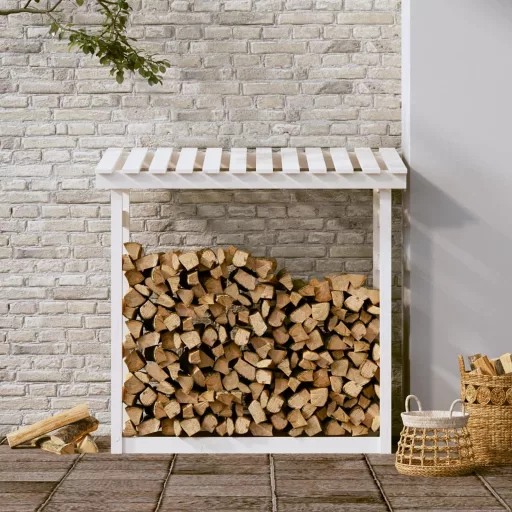 Fehér tömör fenyőfa tűzifatartó állvány 108x64,5x110 cm