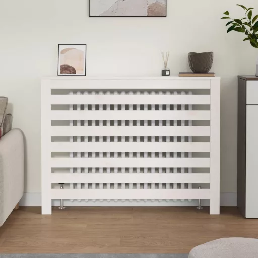 Fehér tömör fenyőfa radiátorburkolat 108,5 x 19 x 84 cm