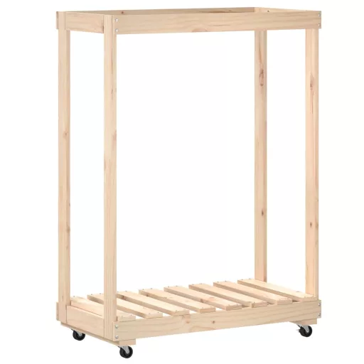 Tömör fenyőfa rönktároló kerekekkel 76,5 x 40 x 108 cm