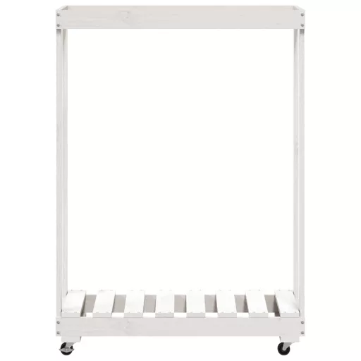 Fehér tömör fenyőfa rönktároló kerekekkel 76,5 x 40 x 108 cm