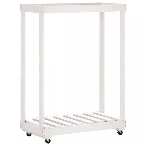 Fehér tömör fenyőfa rönktároló kerekekkel 76,5 x 40 x 108 cm