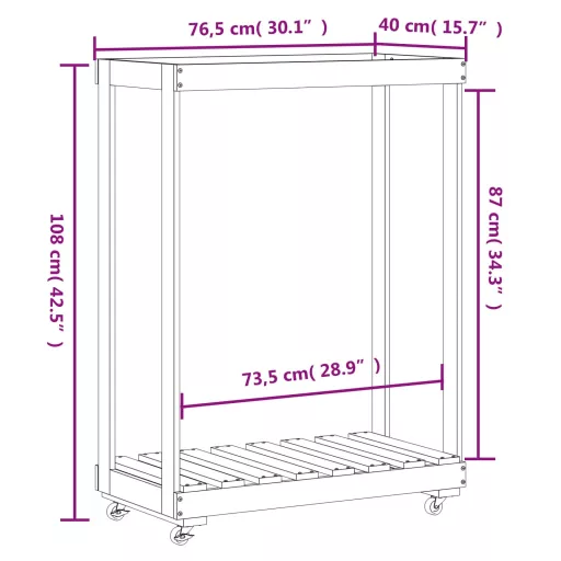 Fehér tömör fenyőfa rönktároló kerekekkel 76,5 x 40 x 108 cm