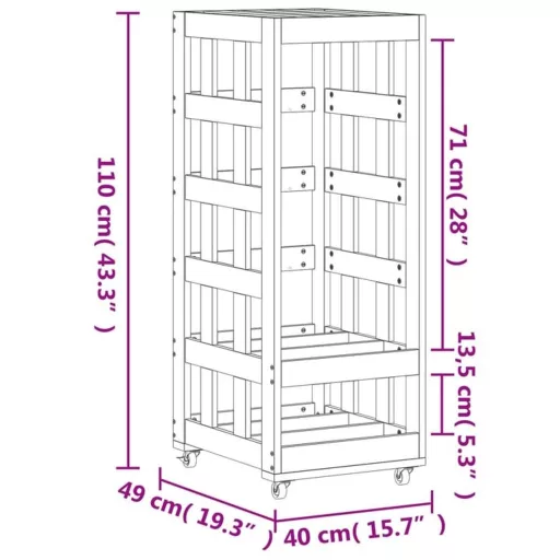 Fehér tömör fenyőfa rönktároló kerekekkel 40x49x110 cm