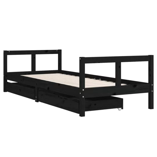 Fekete tömör fenyőfa gyerekágykeret fiókokkal 80 x 200 cm