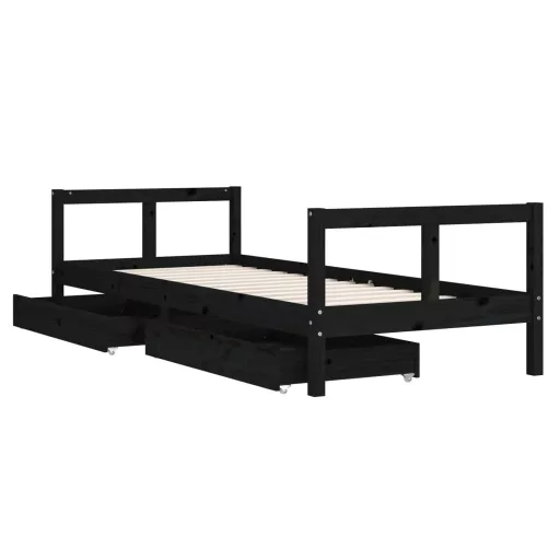 Fekete tömör fenyőfa gyerekágykeret fiókokkal 80 x 200 cm