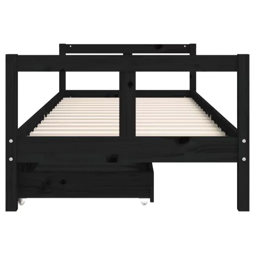 Fekete tömör fenyőfa gyerekágykeret fiókokkal 80 x 200 cm