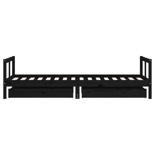 Fekete tömör fenyőfa gyerekágykeret fiókokkal 80 x 200 cm