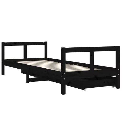 Fekete tömör fenyőfa gyerekágykeret fiókokkal 80 x 200 cm
