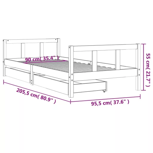 Fehér tömör fenyőfa gyerekágykeret fiókokkal 90 x 200 cm