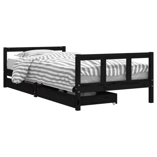 Fekete tömör fenyőfa gyerekágykeret fiókokkal 90 x 200 cm