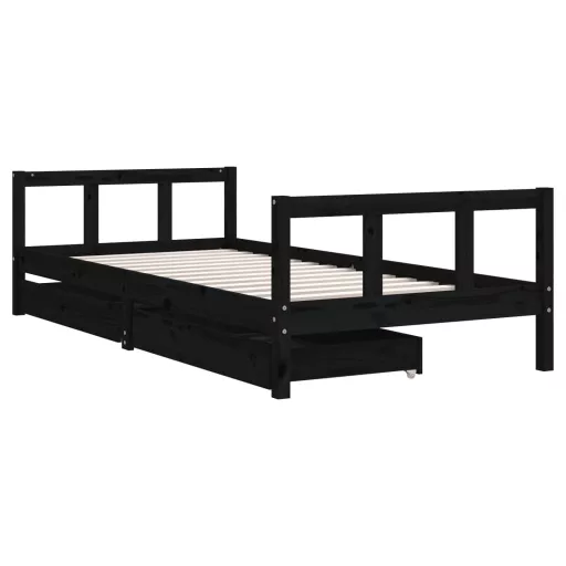 Fekete tömör fenyőfa gyerekágykeret fiókokkal 90 x 200 cm