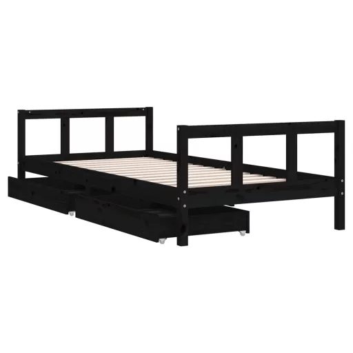 Fekete tömör fenyőfa gyerekágykeret fiókokkal 90 x 200 cm