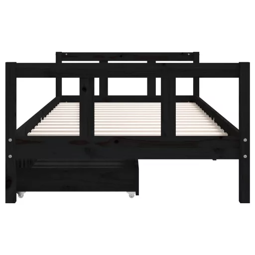 Fekete tömör fenyőfa gyerekágykeret fiókokkal 90 x 200 cm