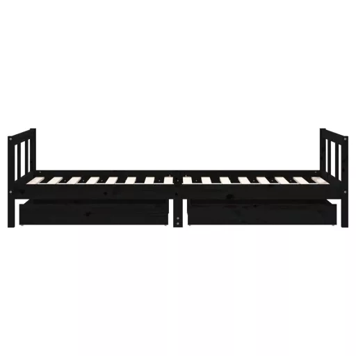 Fekete tömör fenyőfa gyerekágykeret fiókokkal 90 x 200 cm