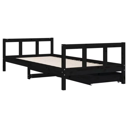Fekete tömör fenyőfa gyerekágykeret fiókokkal 90 x 200 cm