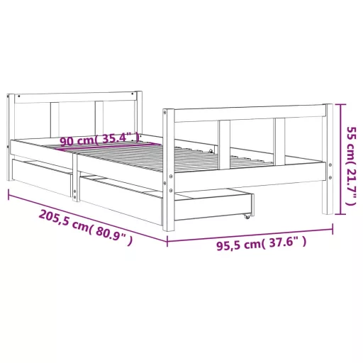 Fekete tömör fenyőfa gyerekágykeret fiókokkal 90 x 200 cm