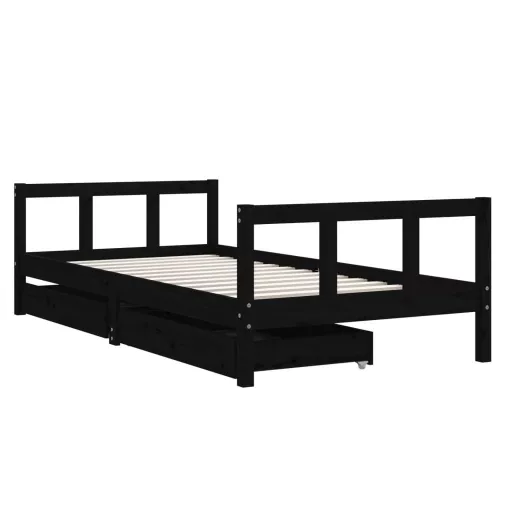 Fekete tömör fenyőfa gyerekágy keret fiókkal 90x190 cm