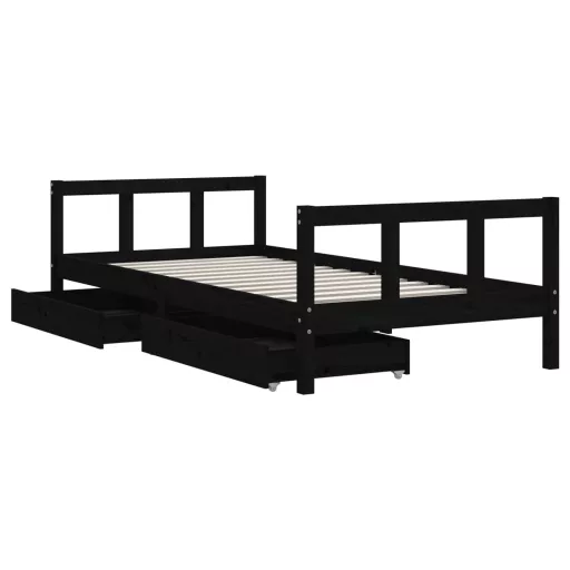 Fekete tömör fenyőfa gyerekágy keret fiókkal 90x190 cm