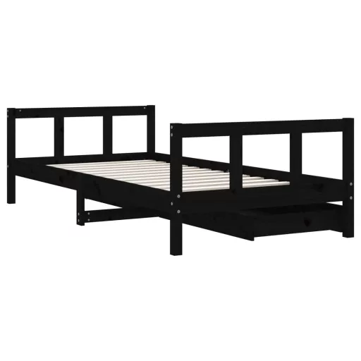 Fekete tömör fenyőfa gyerekágy keret fiókkal 90x190 cm