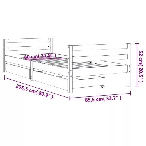 Fehér tömör fenyőfa gyerekágykeret fiókokkal 80 x 200 cm