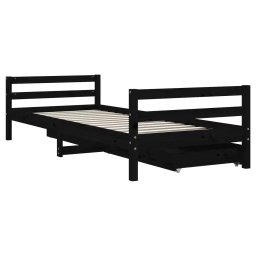 Fekete tömör fenyőfa gyerekágykeret fiókokkal 80 x 200 cm