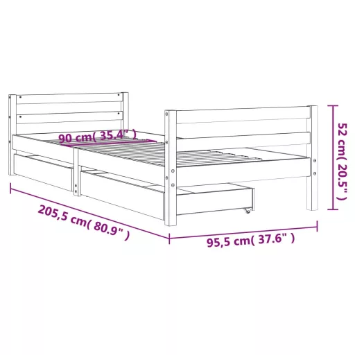 Fehér tömör fenyőfa gyerekágykeret fiókokkal 90 x 200 cm
