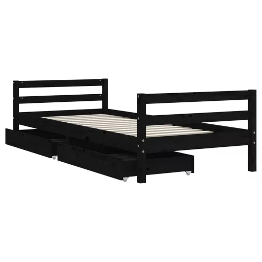 Fekete tömör fenyőfa gyerekágykeret fiókokkal 90 x 200 cm