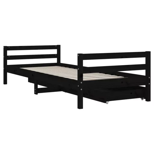 Fekete tömör fenyőfa gyerekágykeret fiókokkal 90 x 200 cm