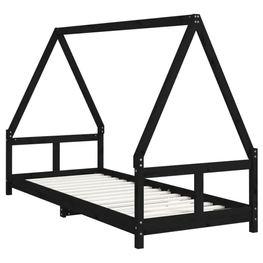 Fekete tömör fenyőfa gyerekágykeret 80 x 200 cm