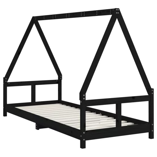 Fekete tömör fenyőfa gyerekágykeret 80 x 200 cm