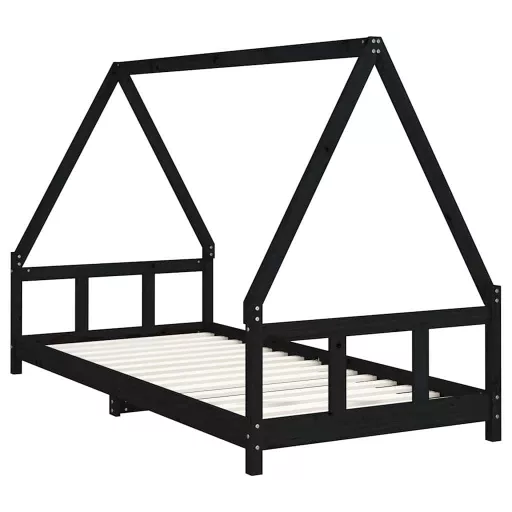Fekete tömör fenyőfa gyerekágykeret 90 x 200 cm