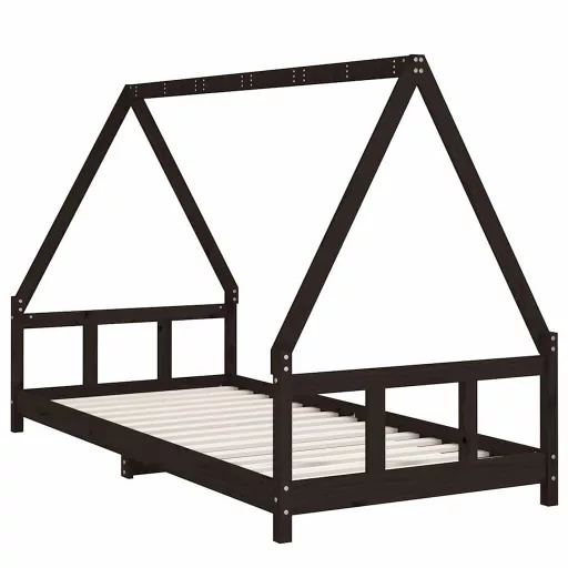 Fekete tömör fenyőfa gyerekágykeret 90 x 200 cm
